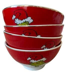 Dr. Seuss The Grinch Who Stole Christmas Ceramic Bowls Set of 4 Holiday Red NEW